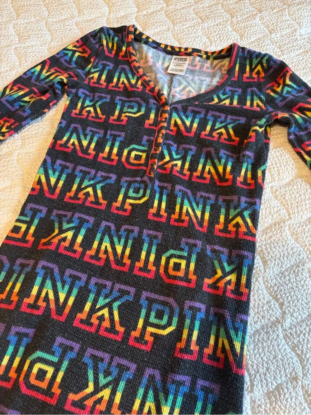 PINK Victoria's Secret Black Thermal Pajamas with Rainbow Geometric Print